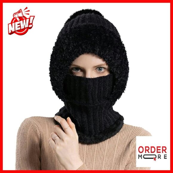 Fleece Lined Knit Beanie Hat Scarf Mask Set Pompom Winter Warm main image 4